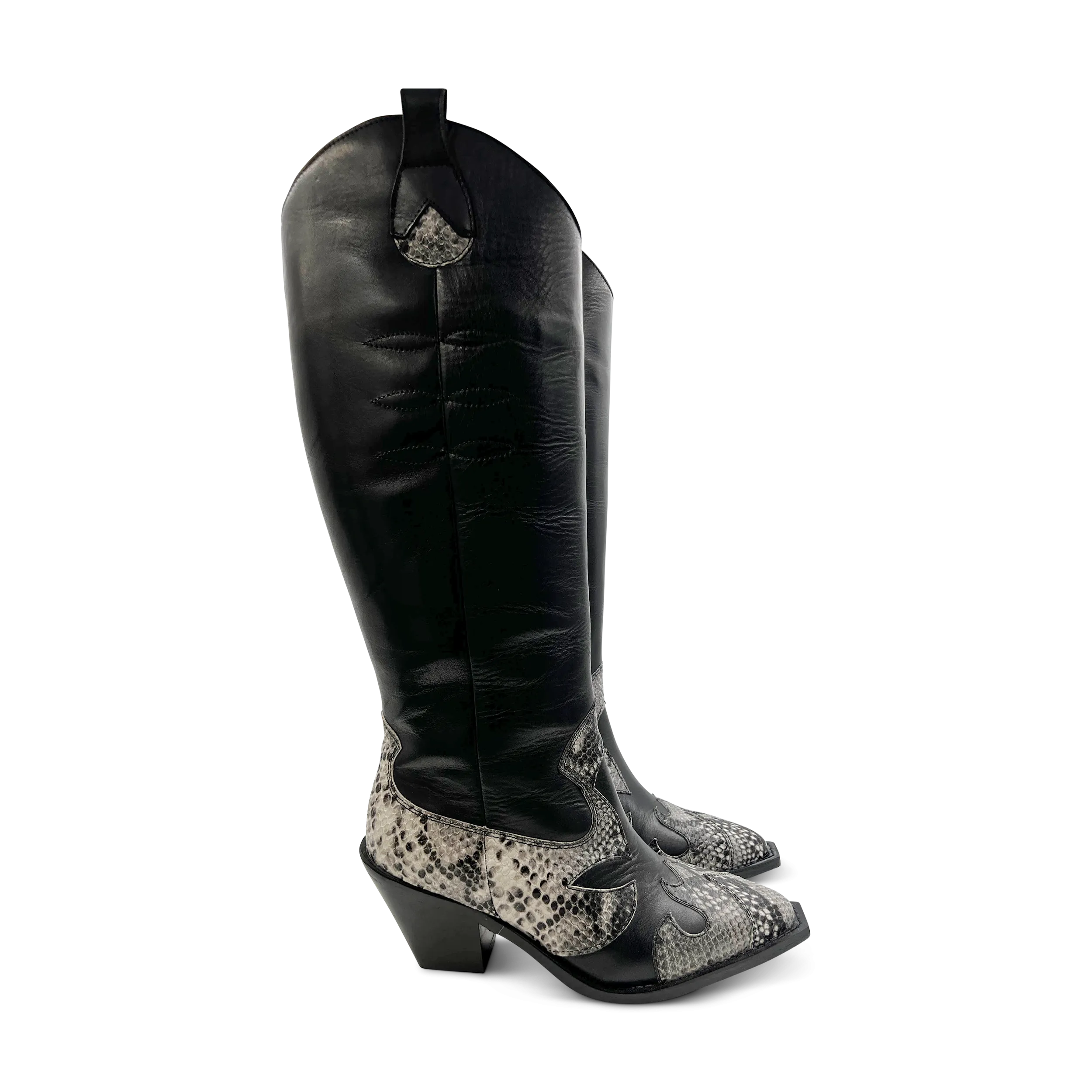 Cowboy Boot in Black with Black & White
