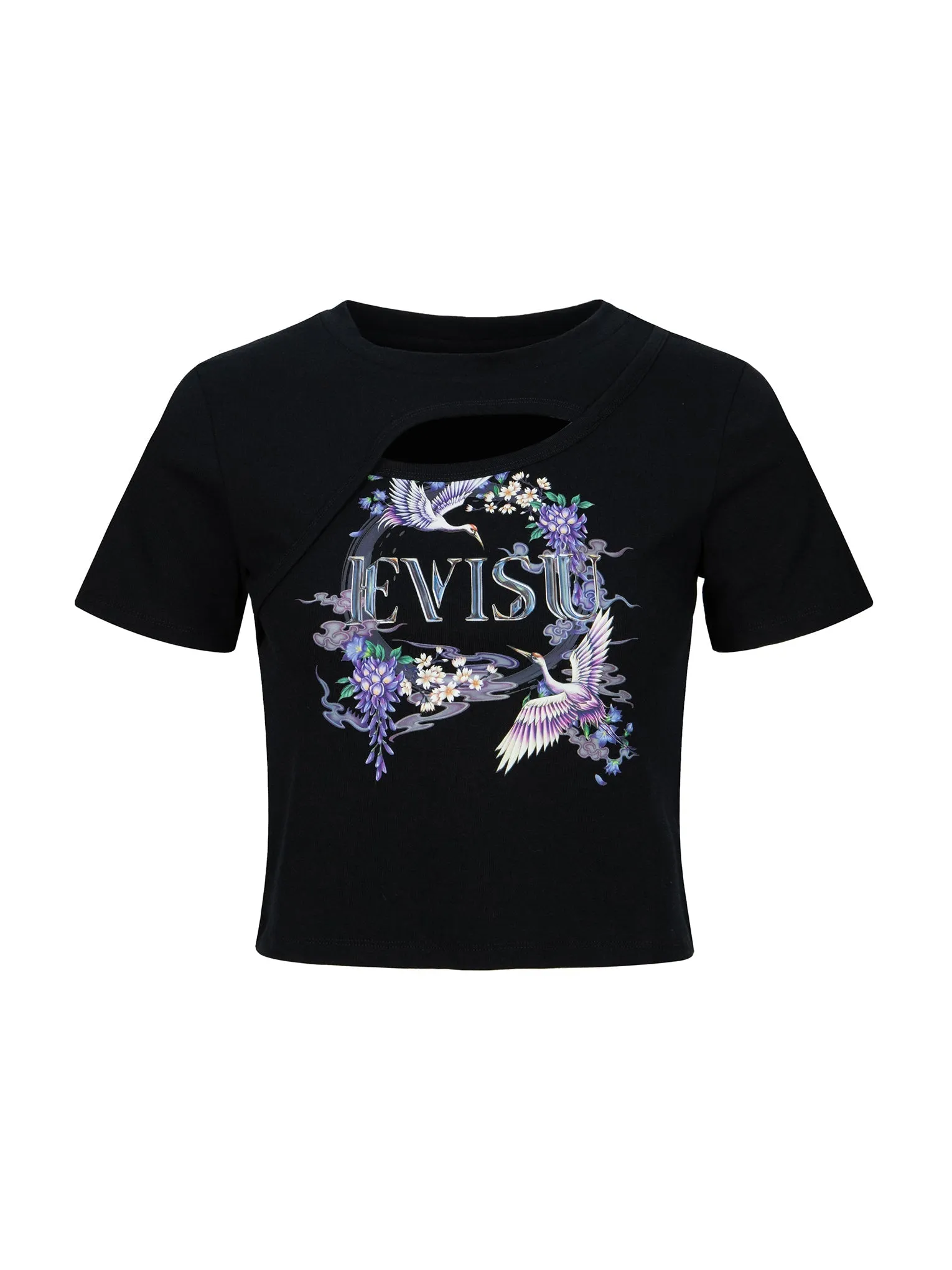 Cranes and Wisteria Print Fashion Fit  Cut-out T-Shirt