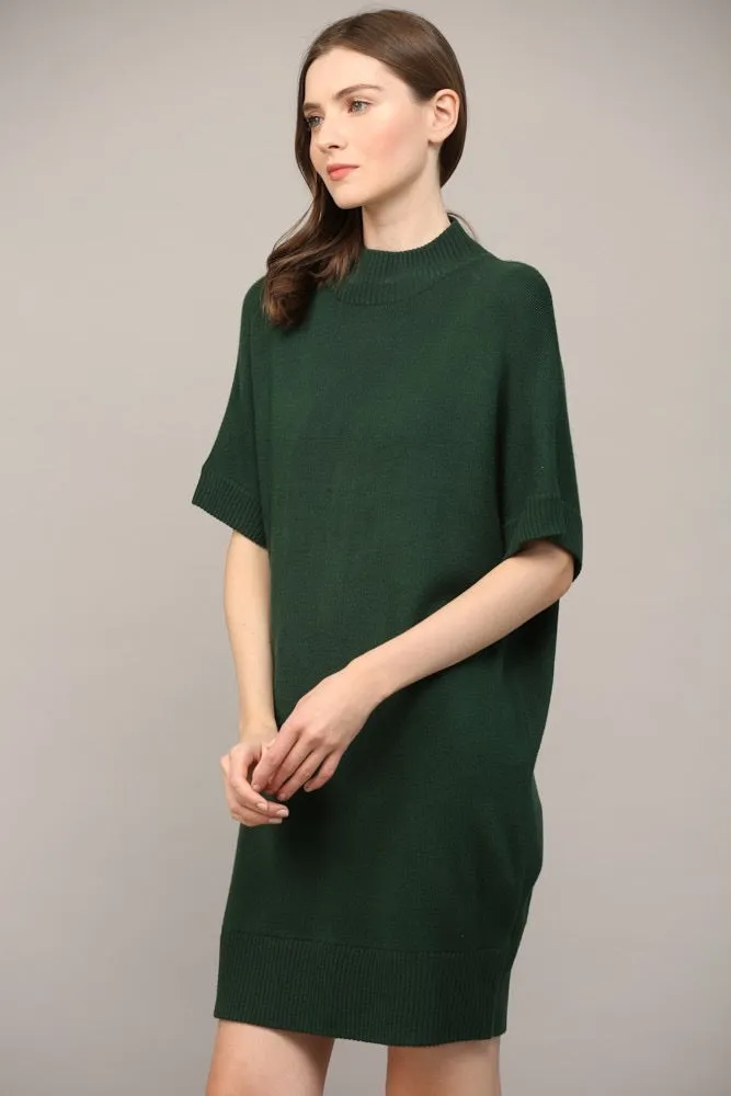 Crew Neck Short Sleeve Sweater Dress Green