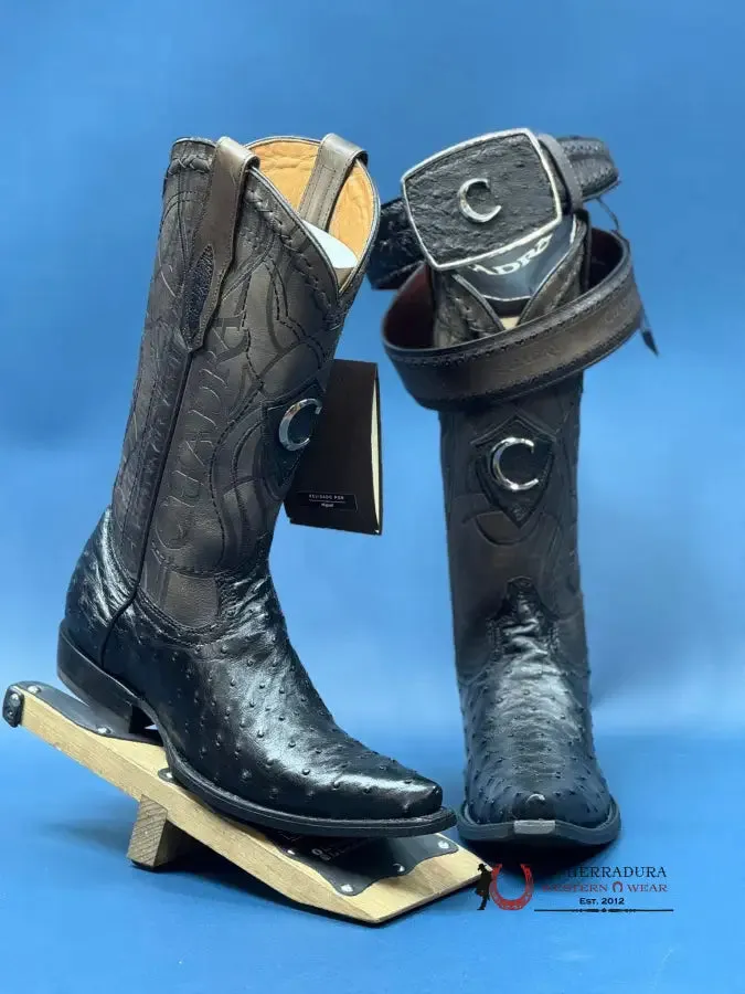 CUADRA BOOTS OSTRICH BLACK LASER & WOVEN SNIP TOE