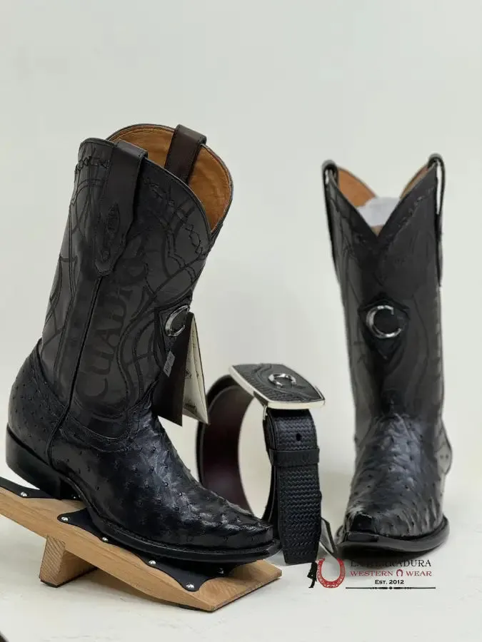 CUADRA BOOTS OSTRICH BLACK LASER & WOVEN SNIP TOE