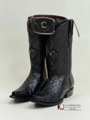 CUADRA BOOTS OSTRICH BLACK LASER & WOVEN SNIP TOE