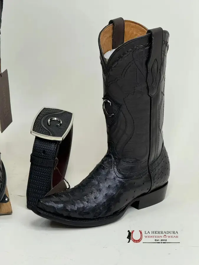 CUADRA BOOTS OSTRICH BLACK LASER & WOVEN SNIP TOE