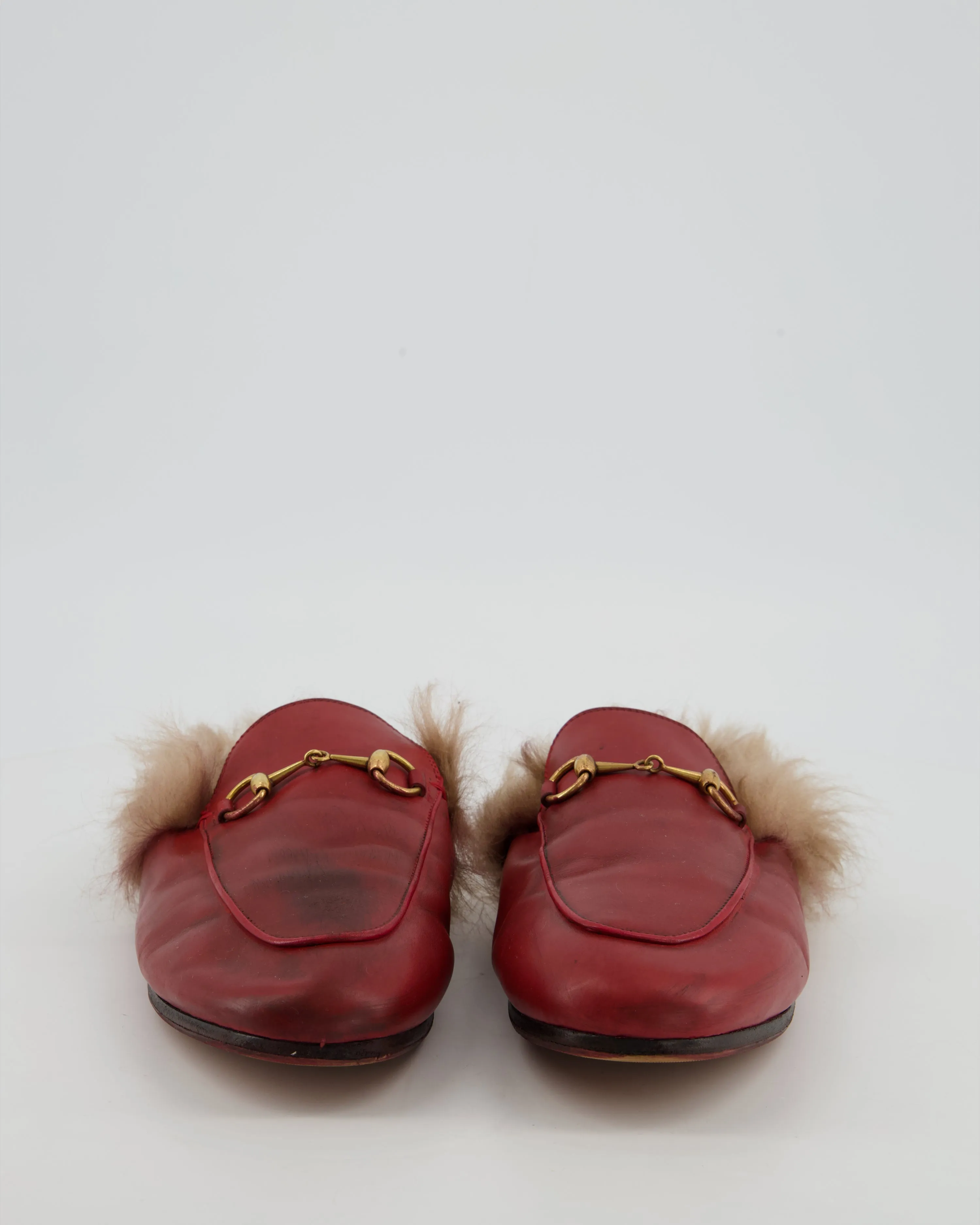 *FIRE PRICE* Gucci Burgundy Princetown Horsebit Shearling-Lined Leather Backless Loafers Size EU 39