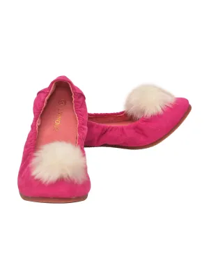 Girls Fuchsia Suede Faux Fur Pom Pom Flats 11-4 Kids