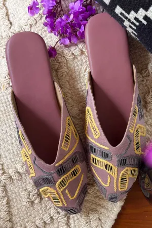 Hand Embroidered Lilac Mules