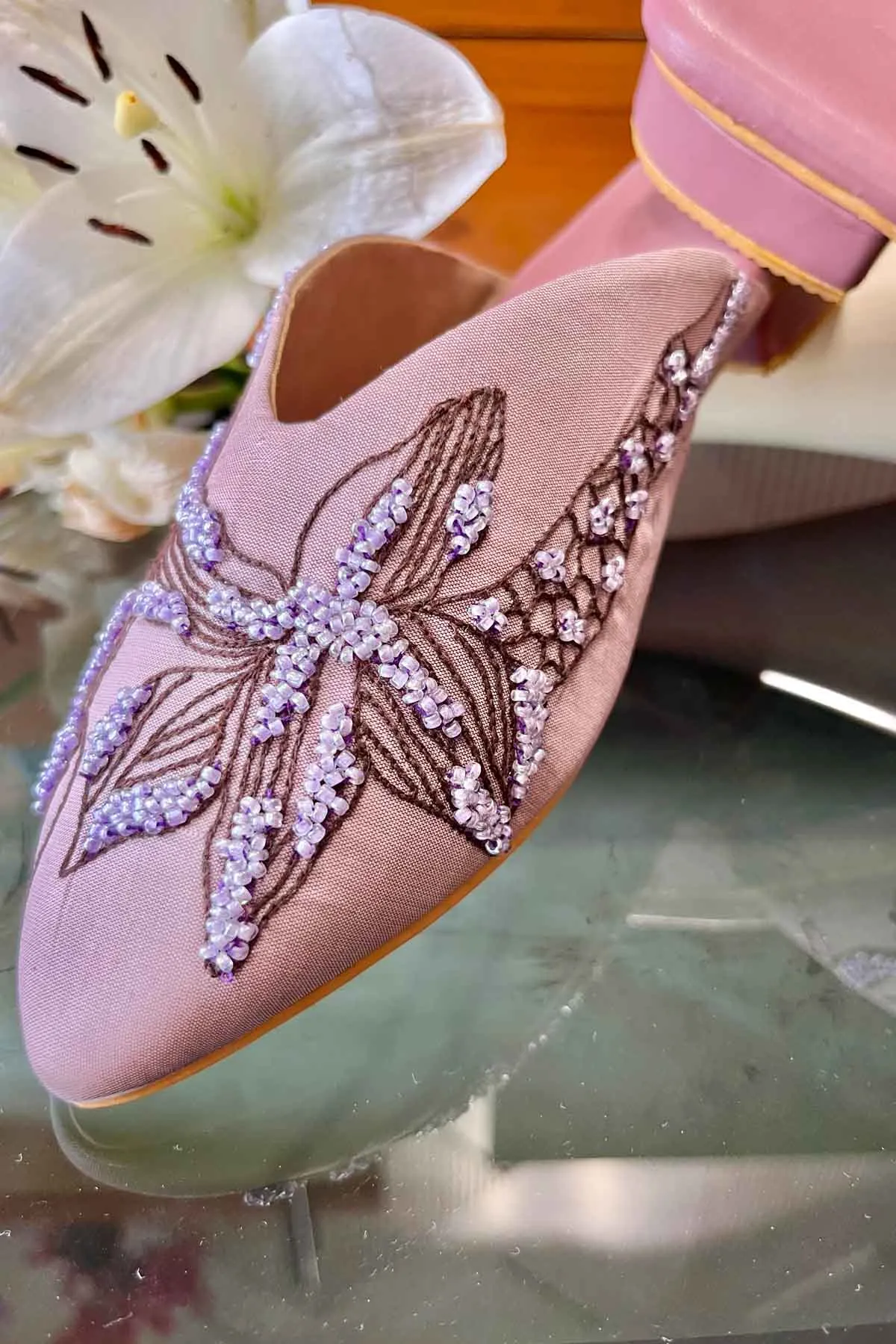 Lilac Hand Embroidered Mules