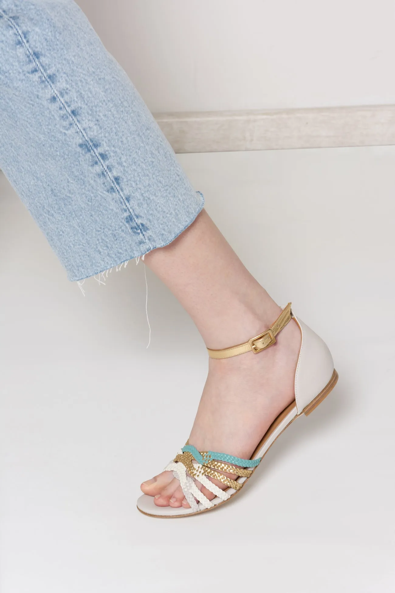 MENPHIS Handbraided Grey Turquoise Flat Sandals