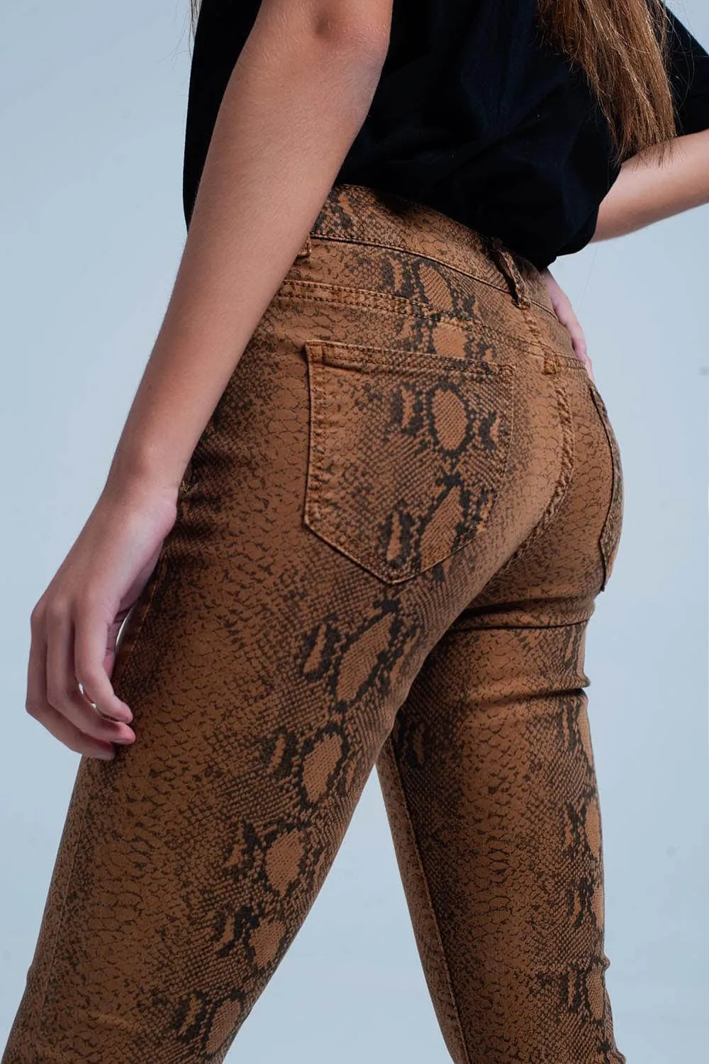 Orange Skinny Pants In Snake Print