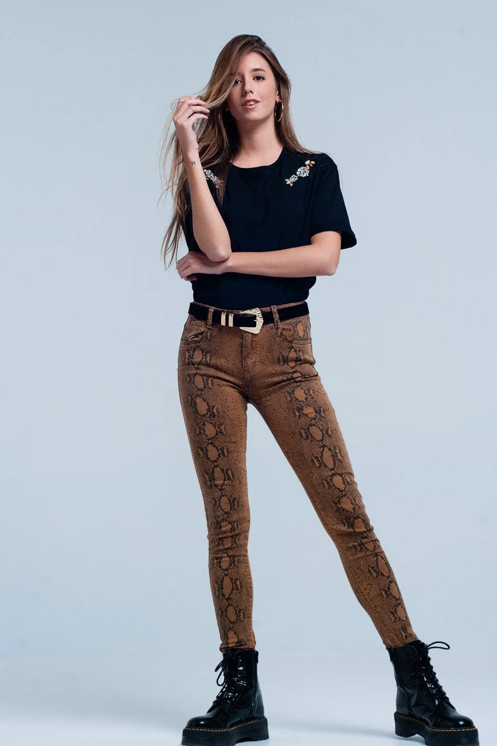 Orange Skinny Pants In Snake Print