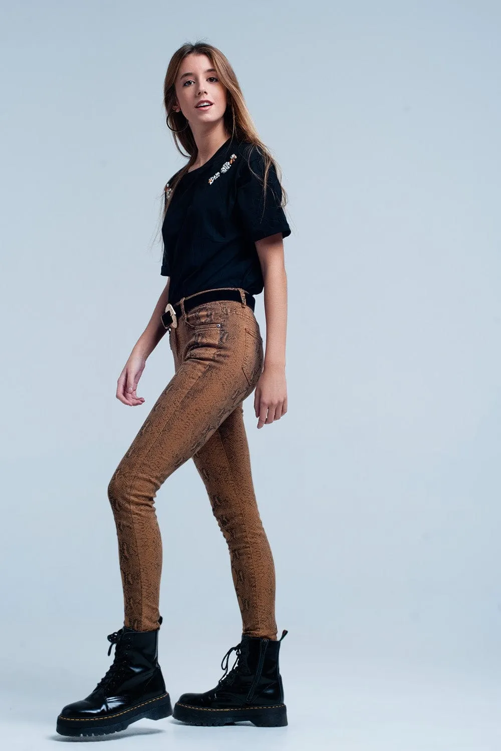 Orange Skinny Pants In Snake Print