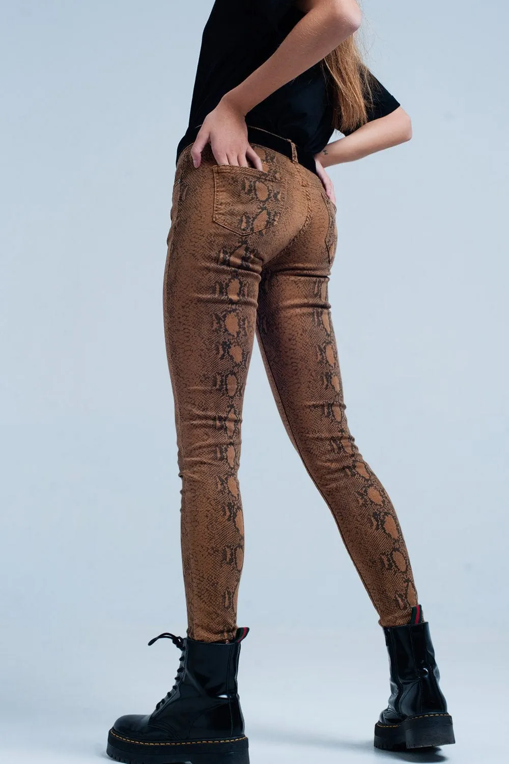 Orange Skinny Pants In Snake Print