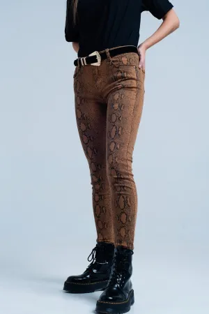 Orange Skinny Pants In Snake Print