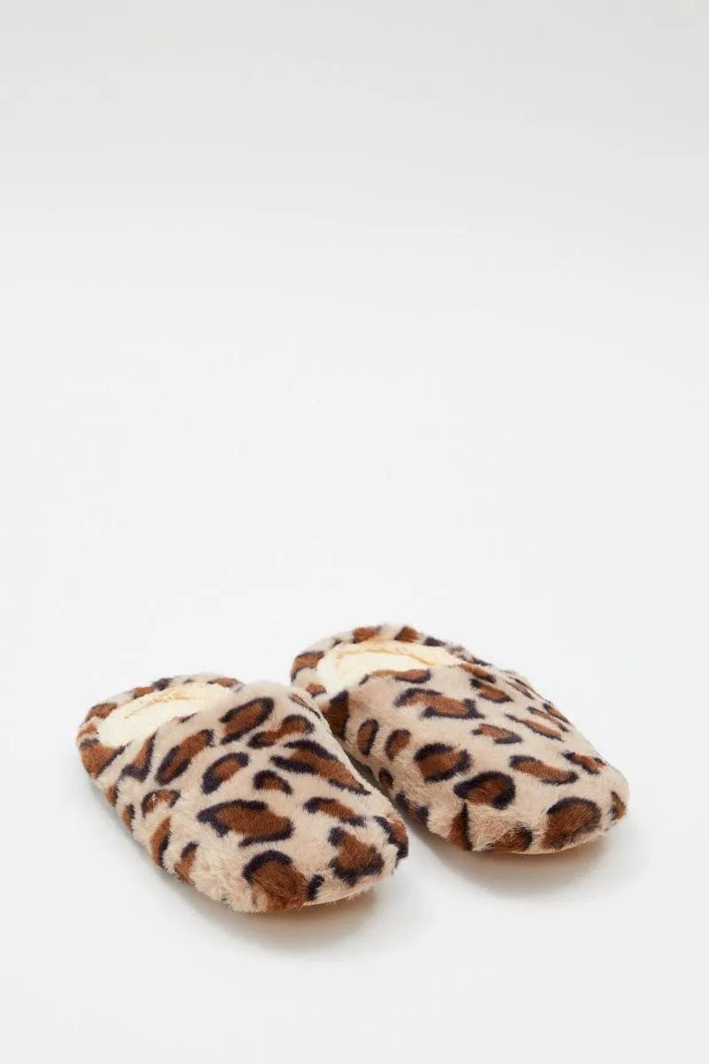 Print Plush Faux Fur Leopard Mule Slippers