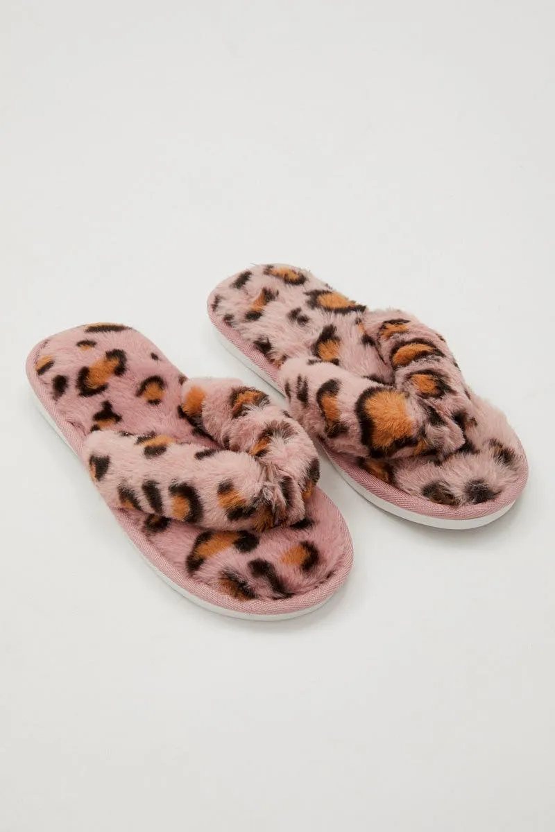Print Plush Faux Fur Leopard Print Thong Slippers