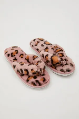 Print Plush Faux Fur Leopard Print Thong Slippers