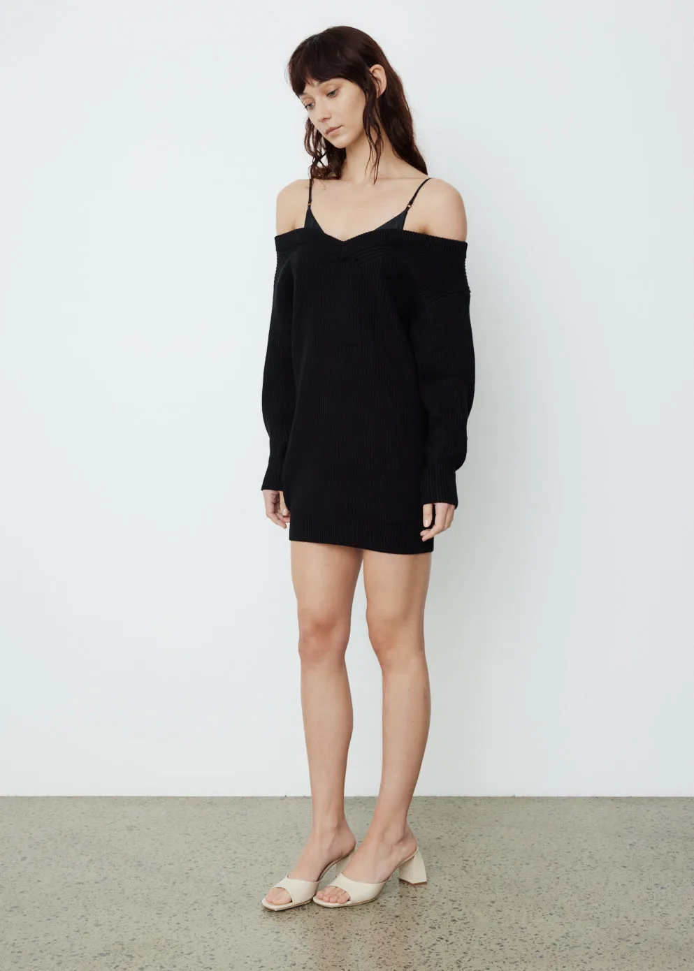 V-Neck Sweater Dress with Satin Cami