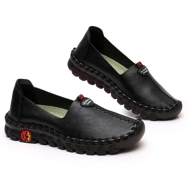 Wide Fit Thick Sole Flats Korean Style Shoes For Women 2021 Leather Slip On Shoes Pregnant Woman Maternity Shoes Women's Loafers
