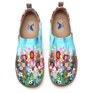 Women's Foldable Loafers,Blue Floral Painted Canvas Slip-On Sneakers,100% Cotton